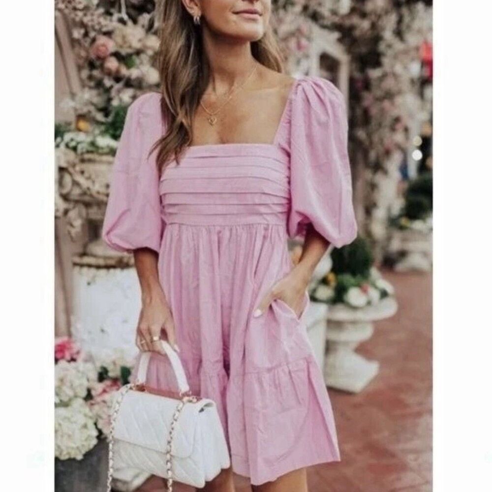 Abercrombie & Fitch Emerson Poplin Puff Sleeve Mini Dress in Pink Size L Petites - Picture 6 of 9